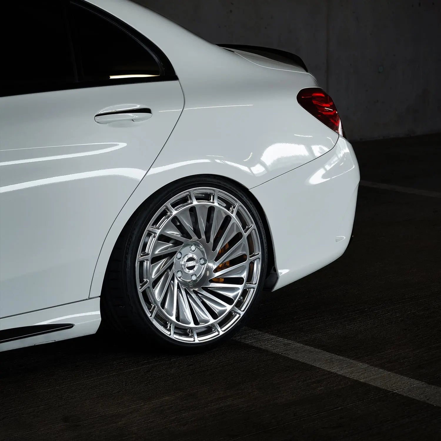 Mercedes-Benz C63S W205 with Radi8 R807 Silver 20 Inch forged rims – rear angle night shot